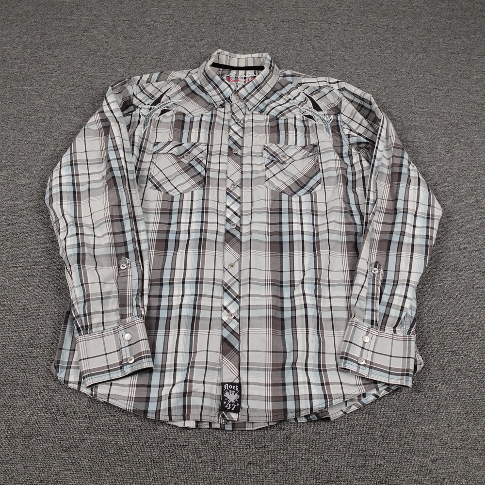 Rock 47 Shirt Mens XL Plaid Long Sleeve Button Up Western Tribal Embroidered